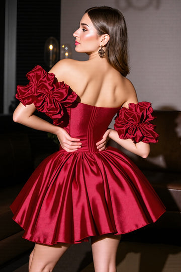 Burgundy Off The Shoulder Ruched A Line Cocktail Dress